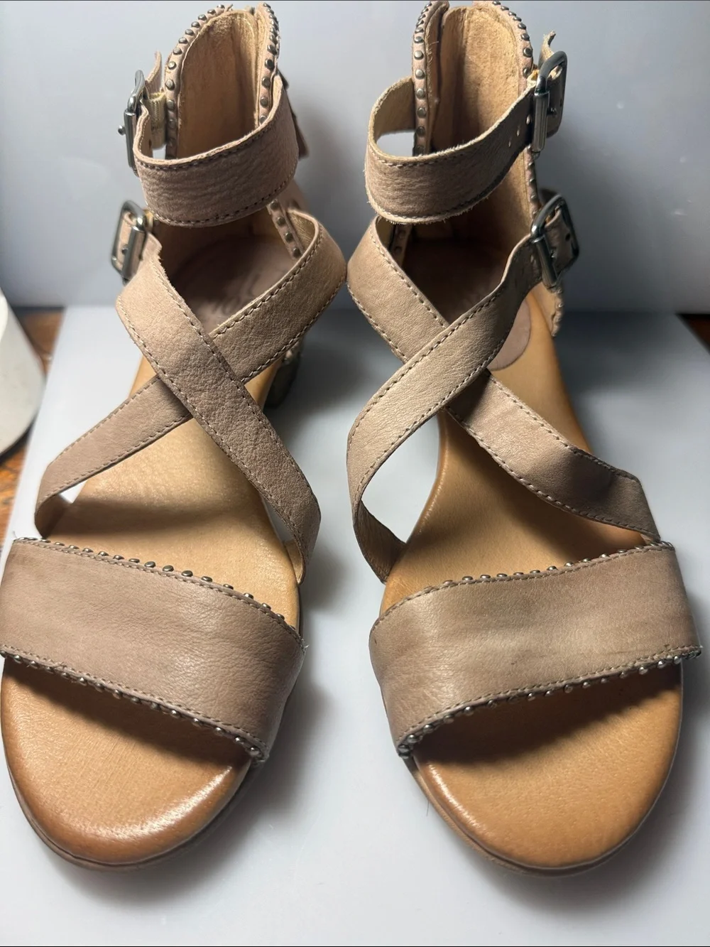 Miz Mooz Taupe Strappy Studded Leather Sandals
